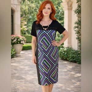 CHIC GEOMETRIC PRINT WITH BLACK TOP & SHORT SLEEVES SIZE OX